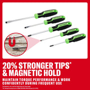 CRAFTSMAN magnetic screwdrivers with green handles, promoting 20% stronger tips and magnetic hold for frequent use.