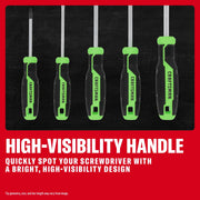 Five CRAFTSMAN screwdrivers with bright green high-visibility handles shown against a black background.