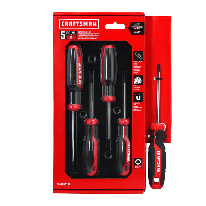Photo of Craftsman CMHT65137 set of five black and red Torx screwdrivers, shown upright on white background.