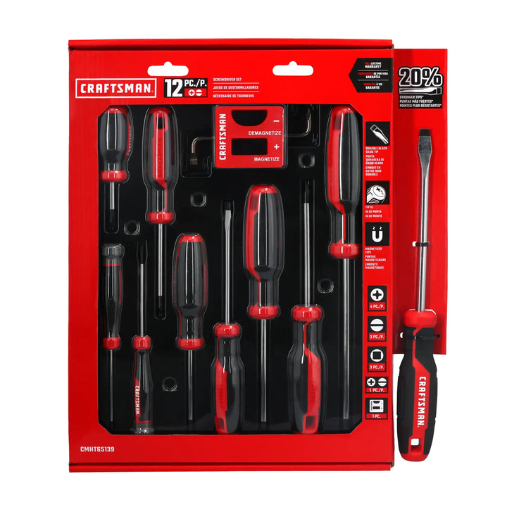 Craftsman screwdriver set CMHT65139, ten screwdrivers, one hex key, one red holder, front angle, white background.