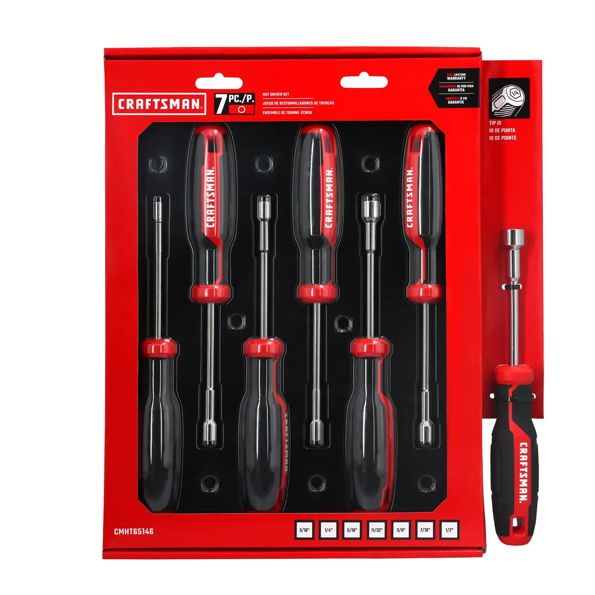 Photo of Craftsman 7-piece nut driver set CMHT65146 with red and black handles, front angle on white background.