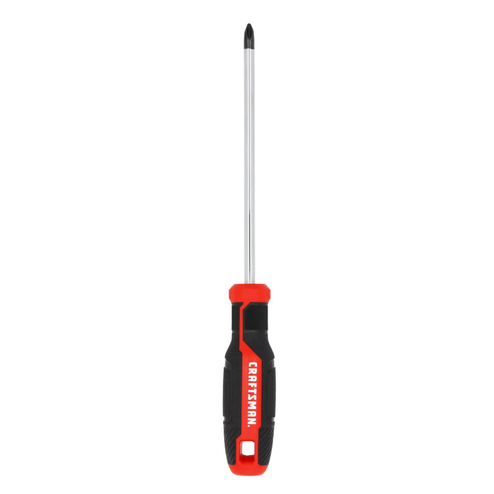 Photo of Craftsman CMHT65151 Phillips screwdriver with black and red handle, front angle, white background.
