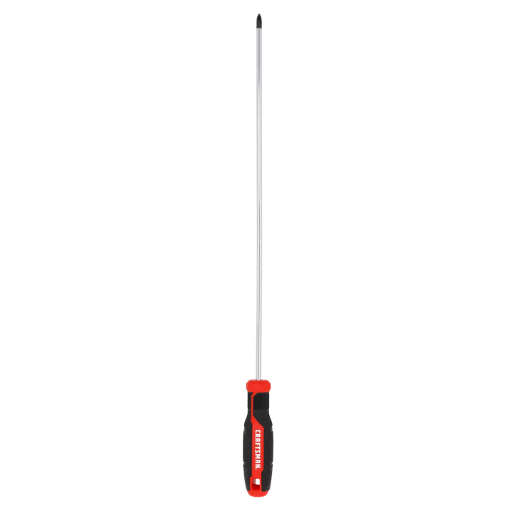 Photo of Craftsman long black and red Phillips screwdriver CMHT65155, straight-on angle, white background.