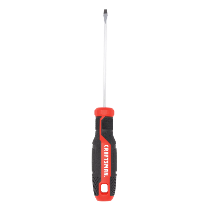Front view photo of Craftsman flathead screwdriver with black and red handle, SKU CMHT65158, on white background.