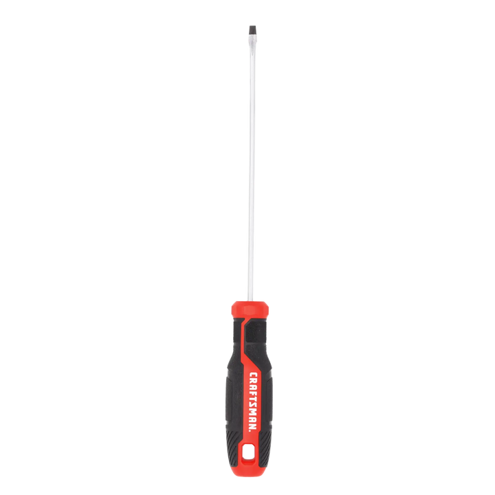 Photo of Craftsman flathead screwdriver with black and red handle, long shaft, CMHT65159, front angle on white background.