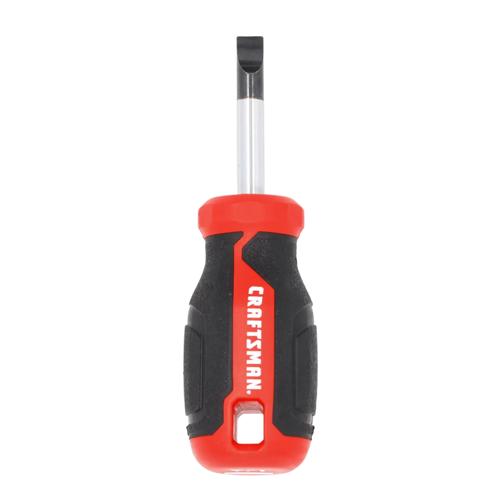Craftsman stubby flathead screwdriver CMHT65163, red and black handle, front angle, white background.
