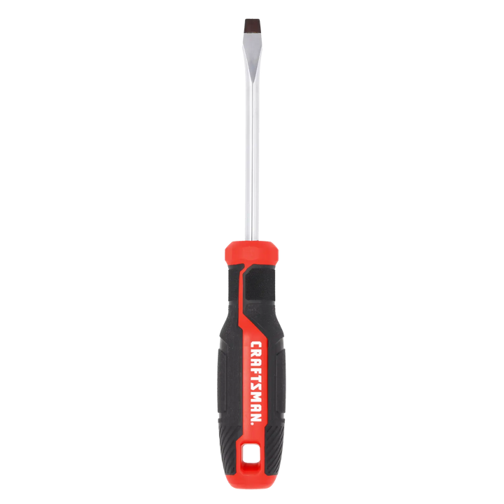 Photo of Craftsman flathead screwdriver CMHT65164, black and red handle, tip facing up, front angle, white background.