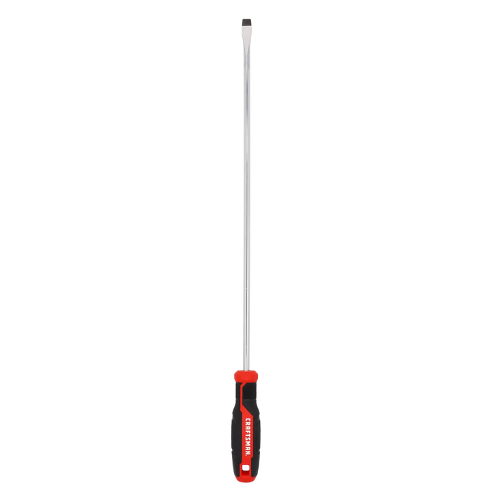 Front view photo of Craftsman flathead screwdriver CMHT65168 with long chrome shaft and black-red handle.