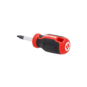 Photo of Craftsman stubby Phillips screwdriver CMHT65171 with red and black handle, angled on white background.