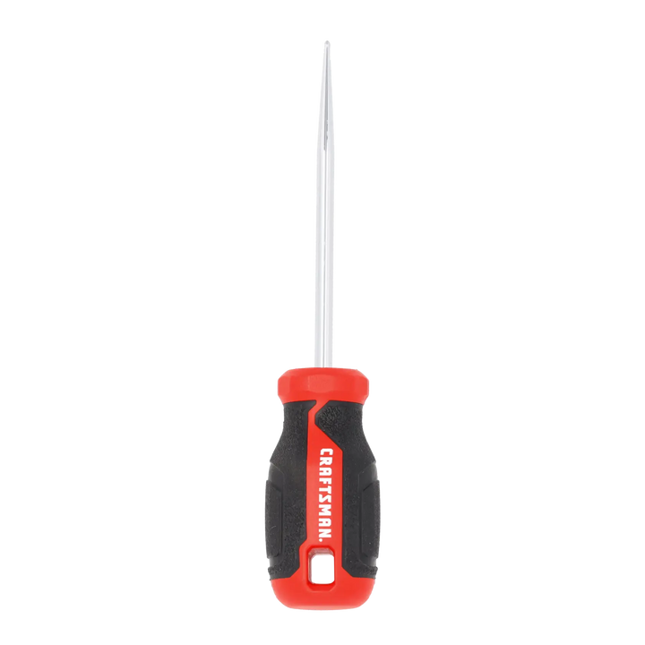 Photo of Craftsman scratch awl with black and red handle, SKU CMHT65179, tool category, front angle, white background.