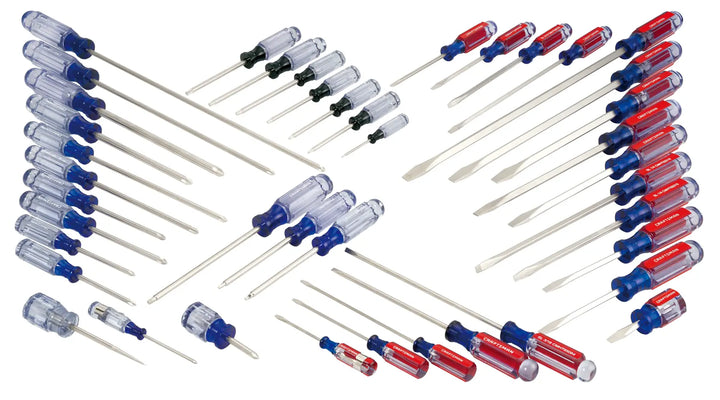 Photo of CRAFTSMAN screwdriver set, assorted colors and sizes, SKU CMHT65300, flat lay on white background.