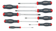 Photo of CRAFTSMAN screwdriver set CMHT65618V, eight black and red screwdrivers, flat and Phillips types, top view.