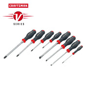 CRAFTSMAN screwdrivers set CMHT65618V, eight-piece with black and red handles, V-Series logo, front angle on white.
