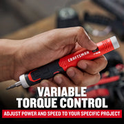 Photo of Craftsman CMHT66720 red and black electric screwdriver with variable torque control in hand.