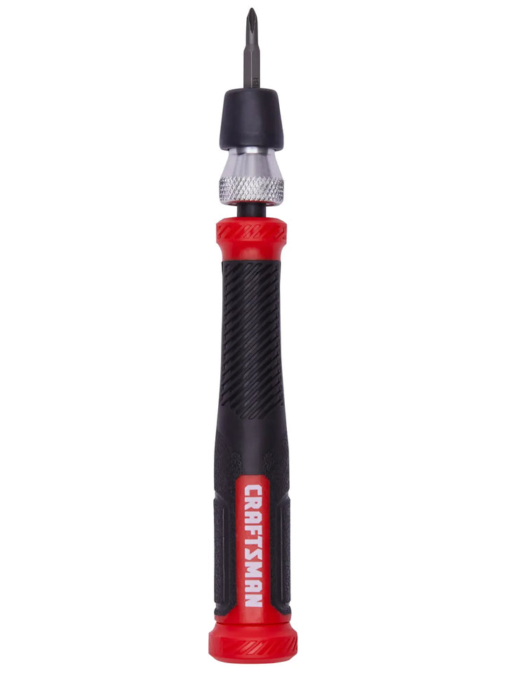 CRAFTSMAN precision screwdriver with red and black handle, model CMHT68004, front view on white background.