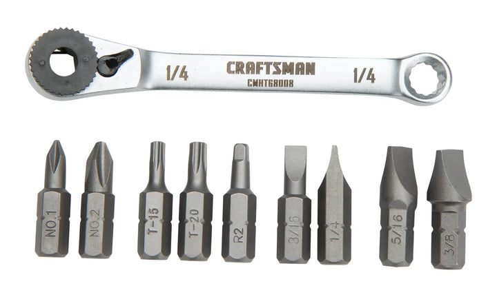 Photo of Craftsman CMHT68008 ratcheting wrench set with ten assorted screwdriver bits, top view, white background.