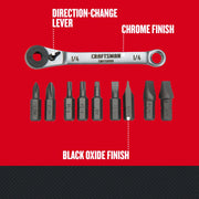 Photo of Craftsman CMHT68008 ratcheting wrench with direction-change lever, chrome finish, and ten black oxide screwdriver bits.