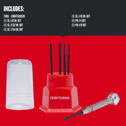 Photo of Craftsman precision screwdriver set CMHT68009 with red holder, bits, handle, and plastic cap, front angle.