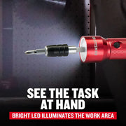 Photo of Craftsman LED screwdriver, SKU CMHT68011N, close-up showing illuminated bit tip and red handle.