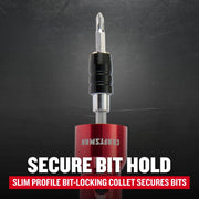 Photo of CRAFTSMAN red bit-locking collet tool, slim profile, upright angle, SKU CMHT68011N.