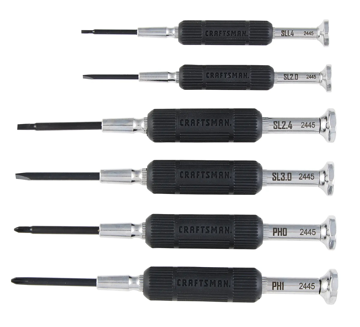 A set of six precision screwdrivers with black textured handles, labeled with the brand 'Craftsman' and different tip sizes and types. The tips include flathead and Phillips, arranged in a row against a white background.