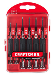 A set of six precision screwdrivers in a red plastic case branded Craftsman, with different sizes labeled on each tool. The screwdrivers are organized vertically and the case has a clear front cover.