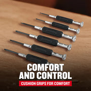 Photo of CRAFTSMAN precision screwdriver set with black cushion grips, SKU CMHT68012, angled view.