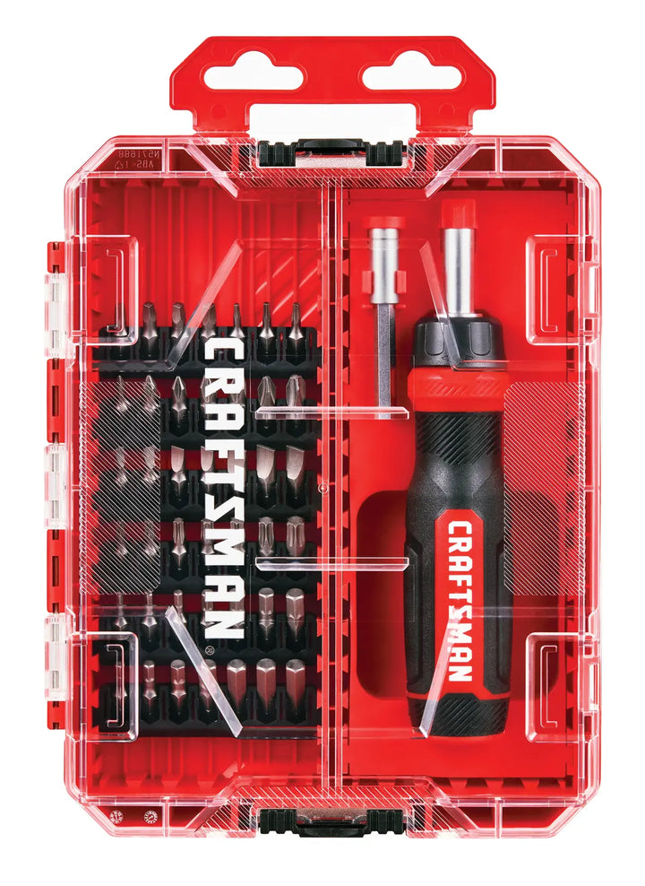 CRAFTSMAN CMHT68017 screwdriver set with multiple bits in a clear red plastic case, top-down view.
