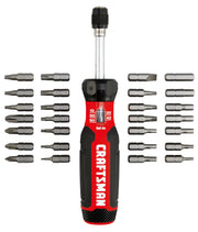 Photo of Craftsman CMHT68130 torque screwdriver with black and red handle and 20 assorted bits on white background.