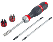 Photo of Craftsman screwdriver set CMHT68142V with interchangeable tips and two bit holders, front angle.