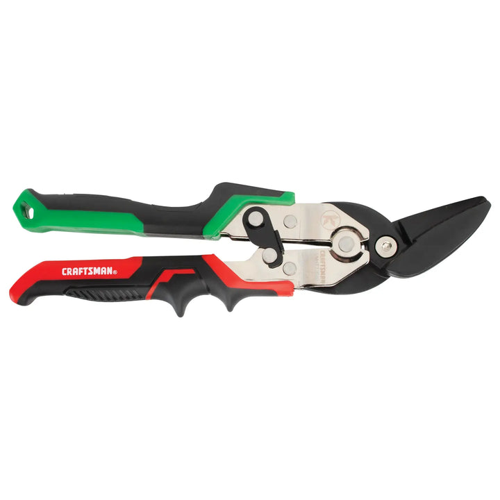 Craftsman aviation snips CMHT73560 with red, black, and green handles, side angle on white background.