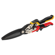 Photo of Craftsman CMHT73561 aviation snips with red, black, and yellow handle shown on white background, side angle.