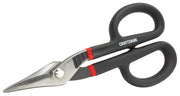 Photo of Craftsman CMHT73993 straight tin snips with black and red handle, side angle on white background.