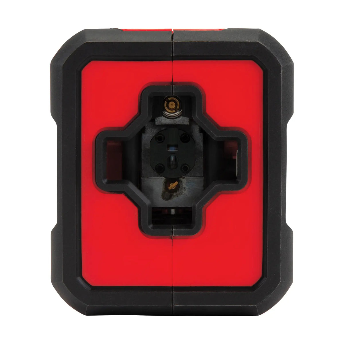 Front view of a red and black electronic device with a central sensor or lens, possibly a laser level or measuring tool used in photography or construction.