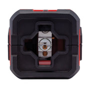 Close-up front view of a black and red cross line laser level, showing the lens and internal mechanism through a cross-shaped opening.