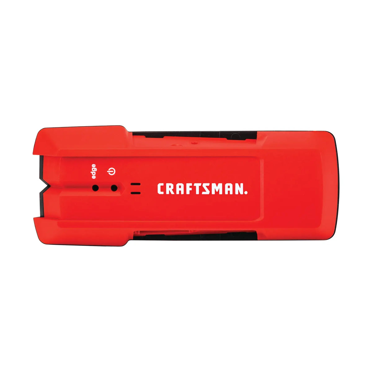 Photo of Craftsman red stud finder CMHT77633, top view, with white logo and control buttons, on white background.