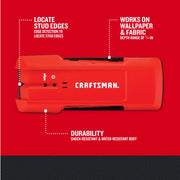 Photo of Craftsman CMHT77633 stud finder, top view, red body, labeled features for locating stud edges, wall compatibility, and durability.
