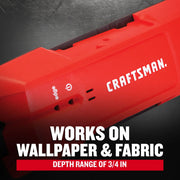 Photo of Craftsman stud finder CMHT77633, red body with edge detection feature, shown close-up, graphics category.