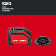 Photo of Craftsman CMHT77634 red and black laser level with wall mount bracket, front angle on white background.