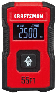 Front angle photo of Craftsman laser distance measurer CMHT77721, red and black, with digital display, 55FT range.