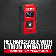 Photo of Craftsman laser distance measurer CMHT77721, red and black, front angle, LCD screen, 55FT range.