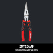 Photo of Craftsman CMHT81645 long nose pliers with red and black ergonomic handles, front angle.