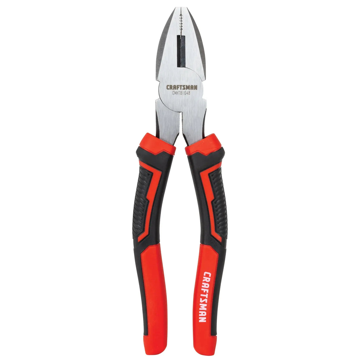 Photo of Craftsman CMHT81648 lineman's pliers with red and black handle, front view on white background.