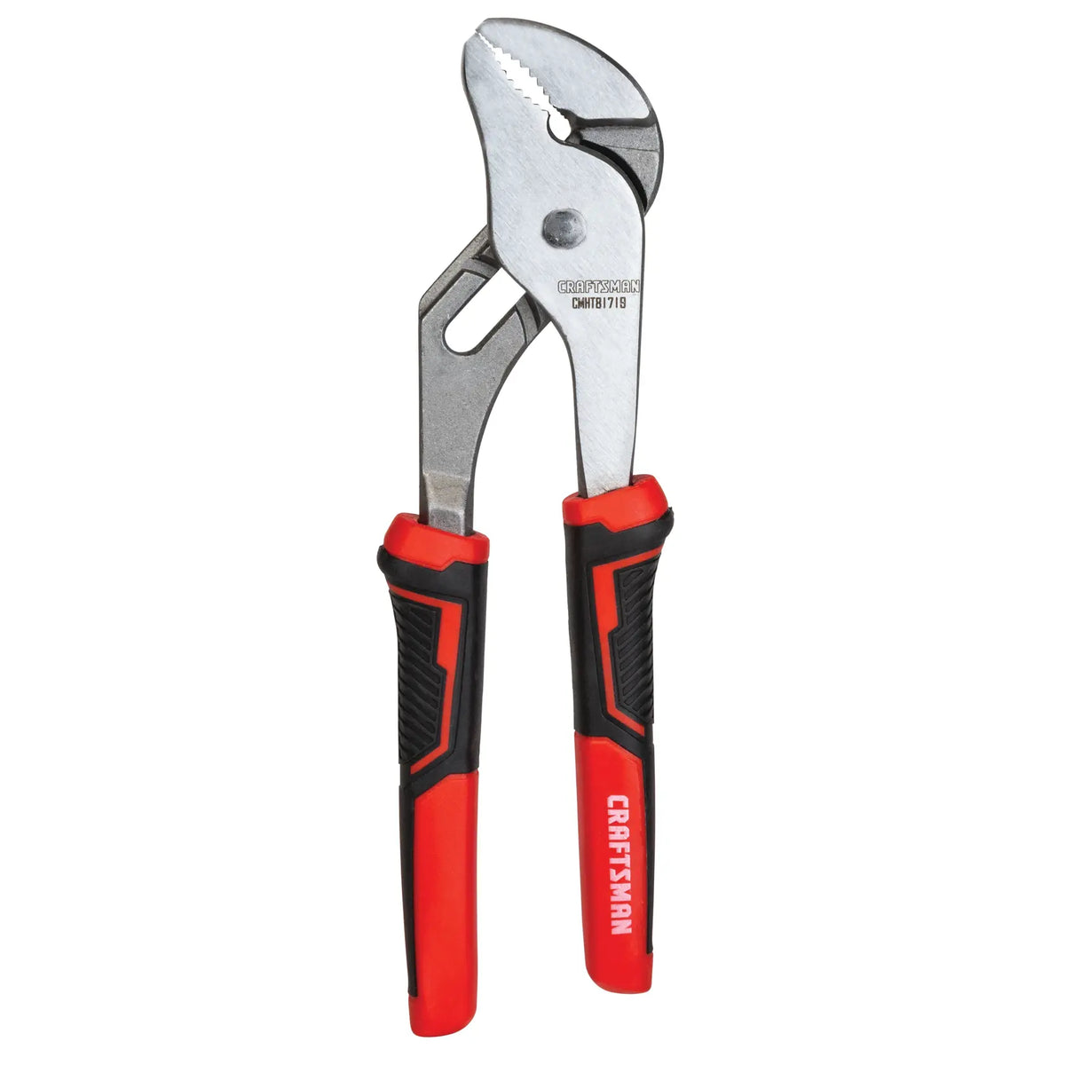 Photo of Craftsman CMHT81719 groove joint pliers with red and black ergonomic handles, front view on white background.