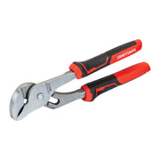 Photo of Craftsman CMHT81719 groove joint pliers with black and red comfort grip handles, side angle, white background.