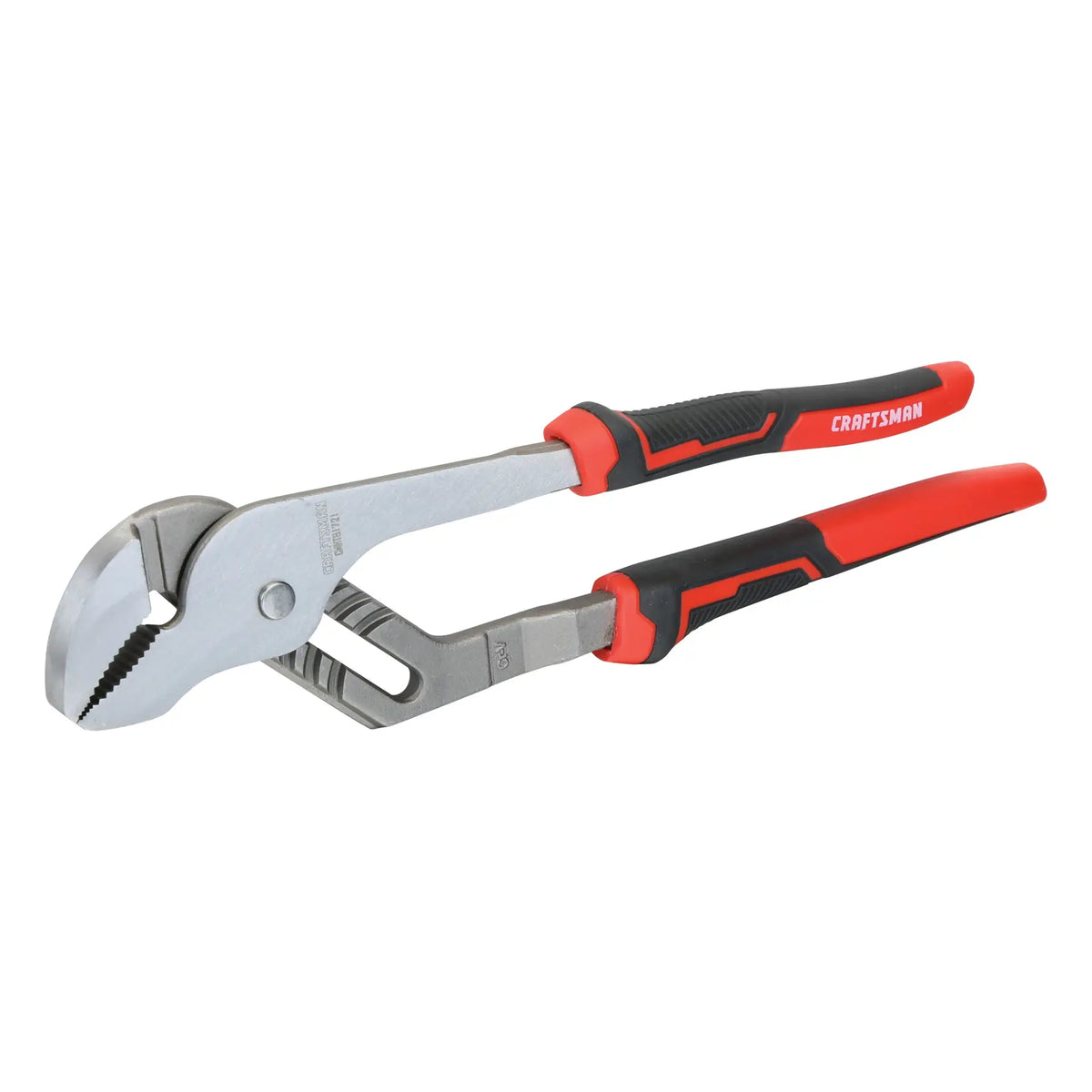 Craftsman CMHT81721 tongue and groove pliers with black and red ergonomic handles, front angle on white.
