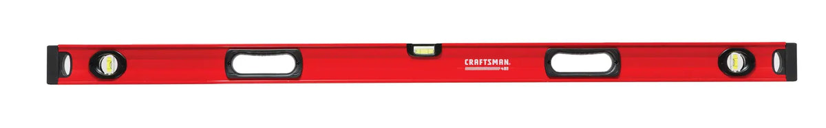 Photo of Craftsman CMHT82347 red box beam level with three bubble vials, front angle, white background.