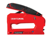 Photo of Craftsman heavy duty red manual stapler, PUSHFIRE model, side view, CMHT82643.