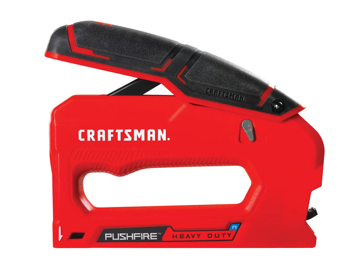 Photo of Craftsman heavy duty red manual stapler, PUSHFIRE model, side view, CMHT82643.
