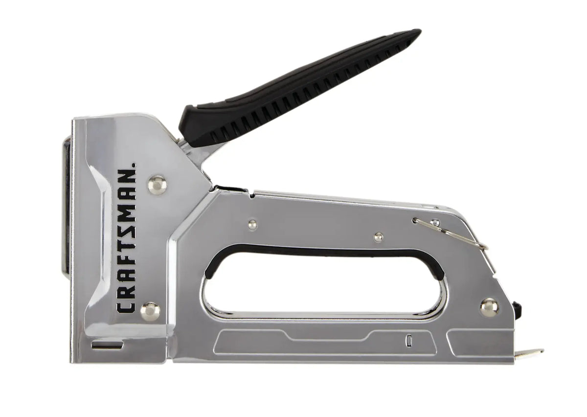 Photo of Craftsman stapler, chrome finish, black handle, side view, SKU CMHT82644.